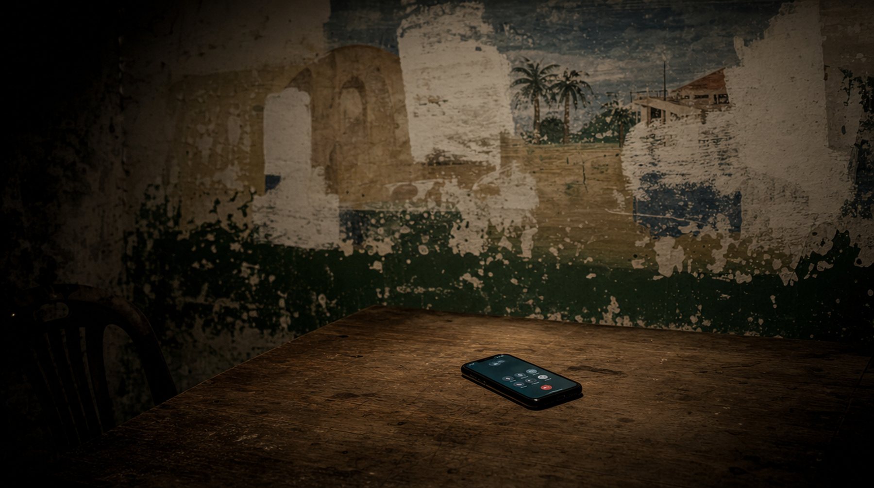 Un teléfono celular apoyado sobre una mesa vacía, con la pantalla encendida en una llamada en curso, y detrás, desenfocado, un muro con un mural pintado a medio borrar. Ilustración generada.