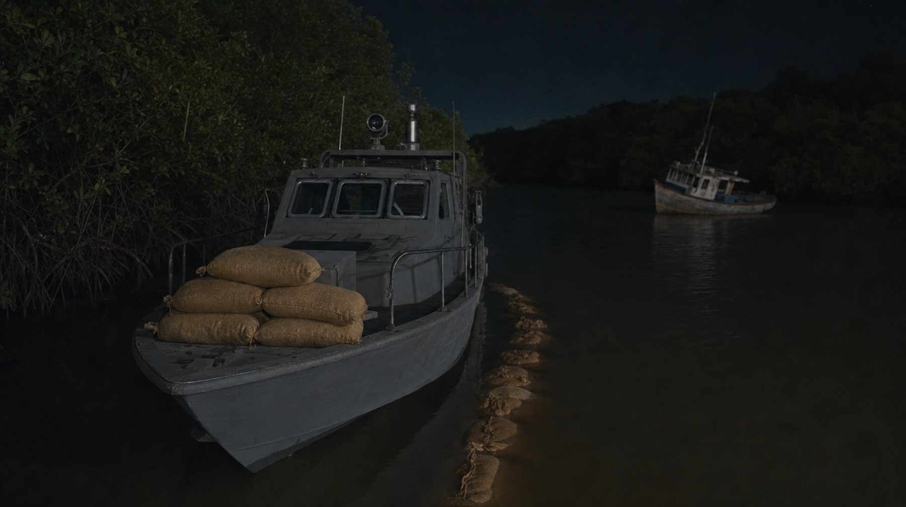 Una lancha militar de noche entre los manglares del Golfo de Guayaquil, con sacos apilados en la proa y un bote civil abandonado a oscuras detrás. Ilustración generada.