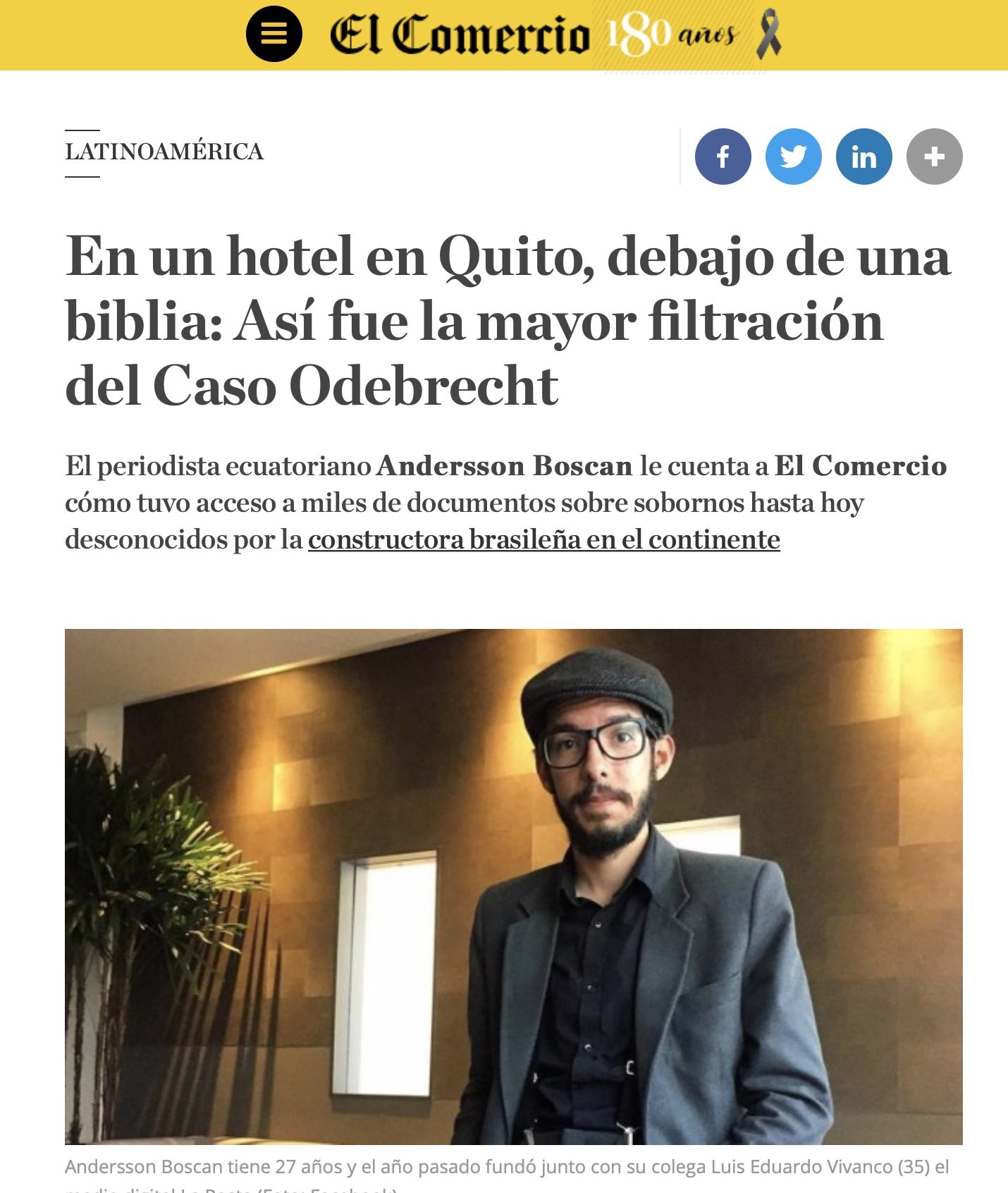 La portada de El Comercio de Perú: la mayor filtración del caso Odebrecht salió de un hotel en Quito