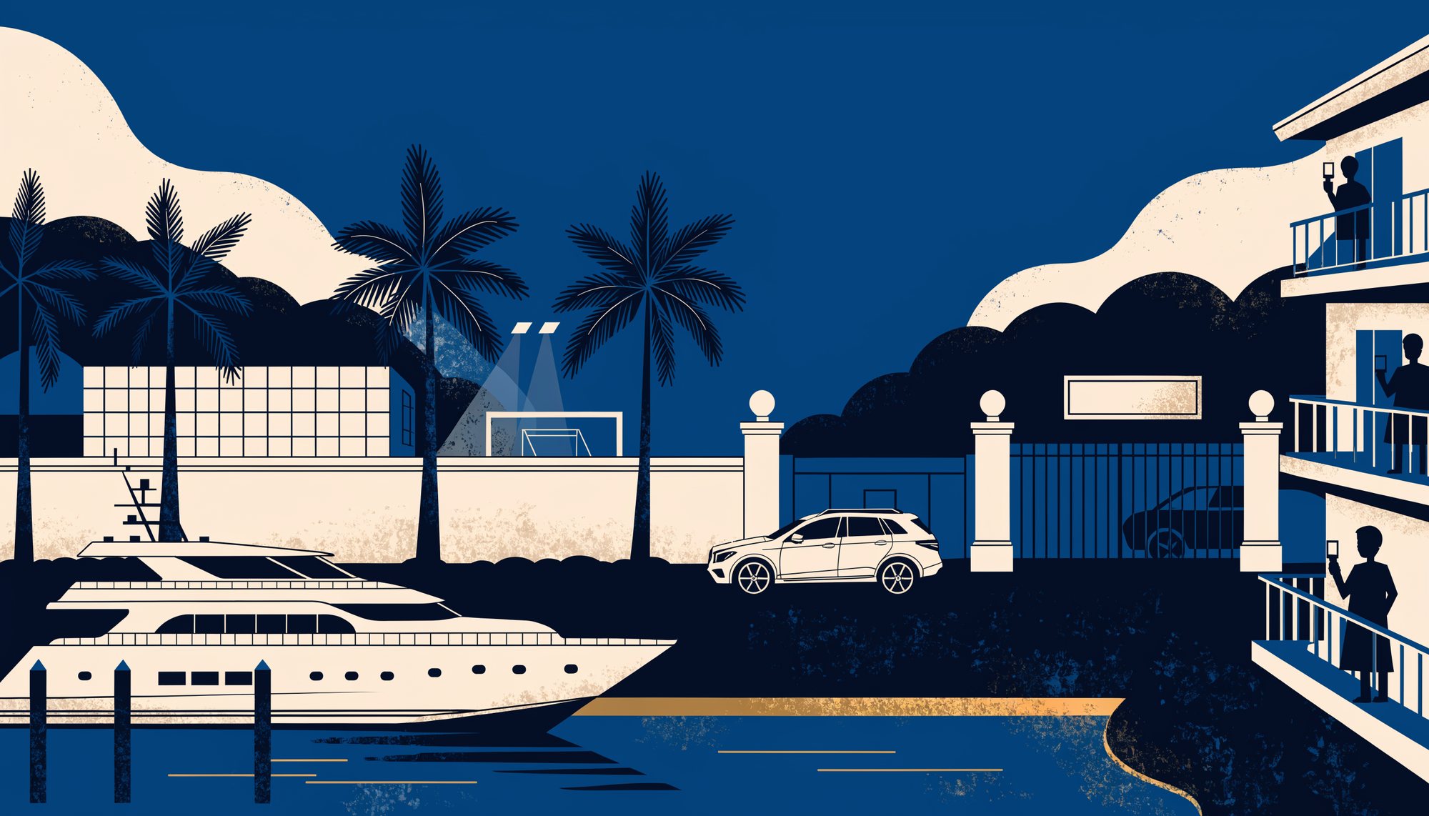 Ilustración del informe de Mocolí: el yate y la casa del entorno de alias Marino